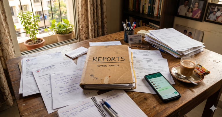Scattered medical reports and documents on a home desk