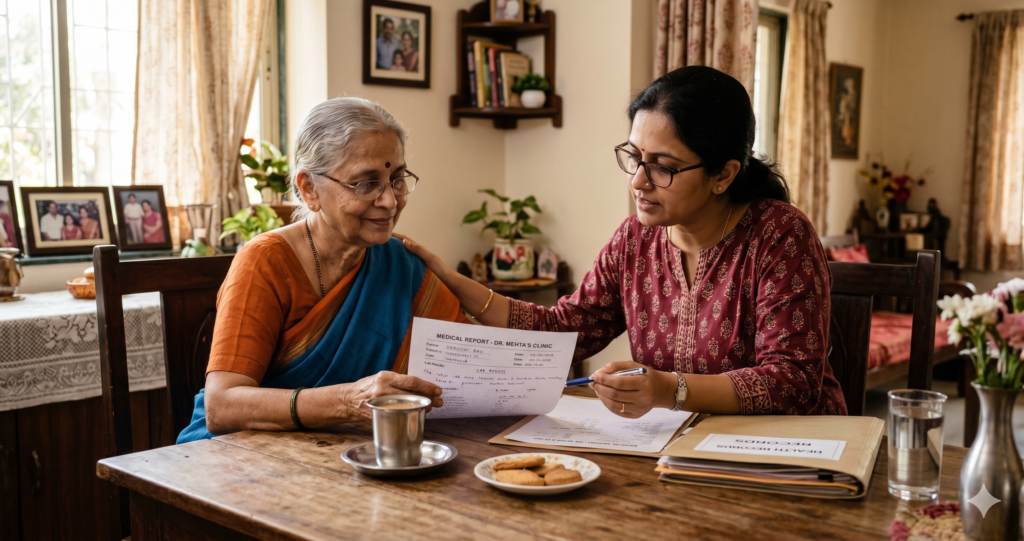 An adult child helping an elderly parents health records at home